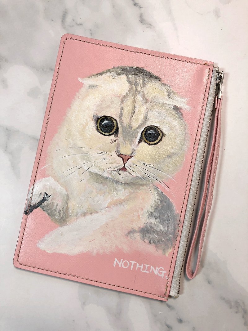 手绘图案 大眼猫真皮零钱包 | 手机包 | 小皮夹 | 手拿包 - 手拿包 - 真皮 粉红色