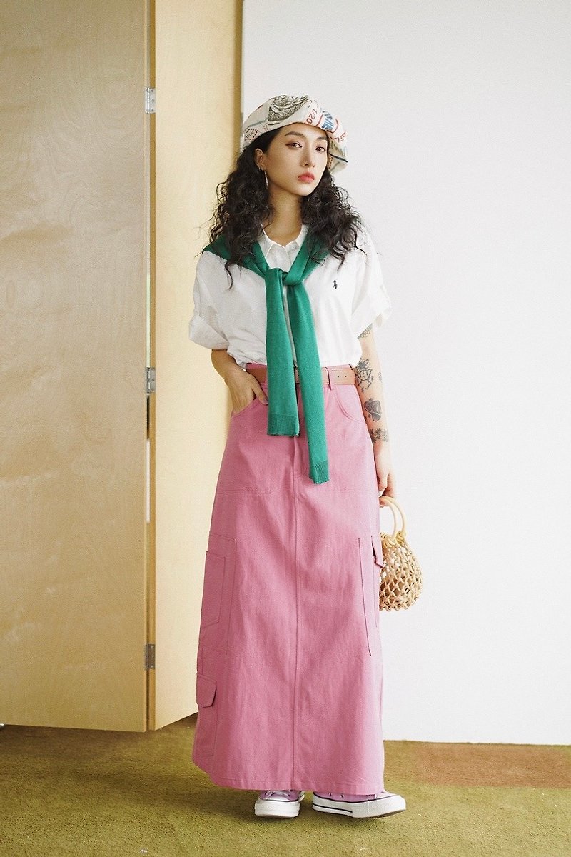 Coolstore | 日系轻复古纯色拖地半身裙 通勤港风显瘦_花粉色 - 裙子 - 其他材质 粉红色