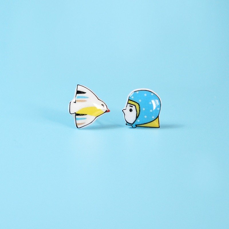 大海边的女孩 清新可爱耳钉 创意不对称耳夹 礼物 - 耳环/耳夹 - 塑料 蓝色