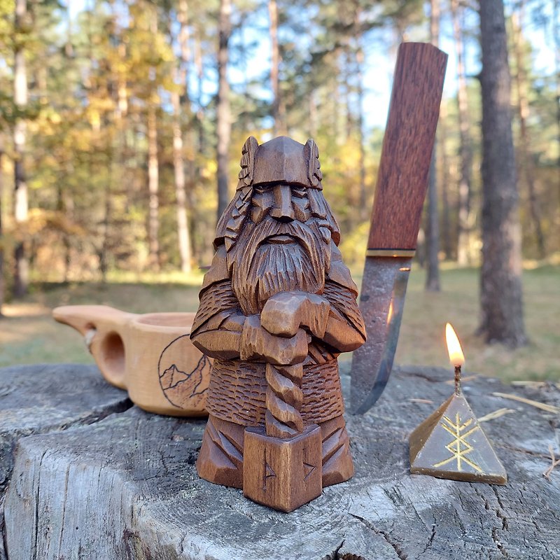 Wood statue Thor Norse god figure - 玩偶/公仔 - 木头 咖啡色
