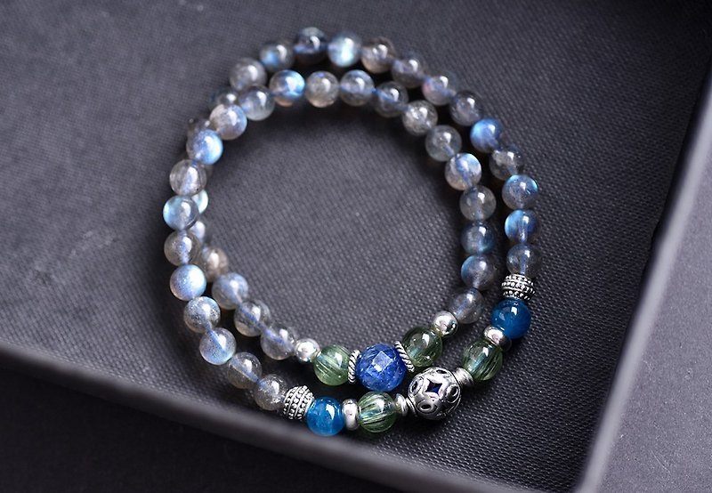 蓝色磷灰石+蓝晶石+绿色磷灰石+强光拉长石双圈纯银手链 - 手链/手环 - 宝石 灰色