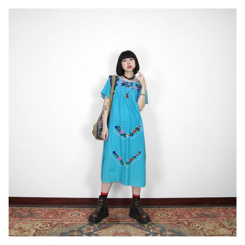 A·PRANK :DOLLY :: VINTAGE湖水绿墨西哥手工刺绣洋装(D807027) - 洋装/连衣裙 - 棉．麻 蓝色