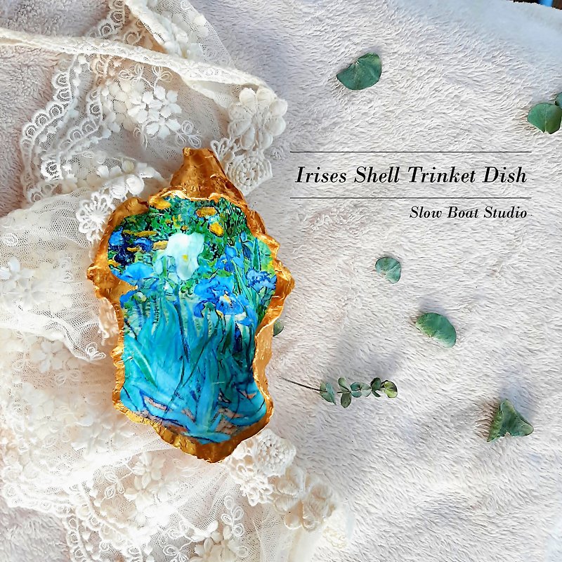 Large Oyster Shell Ring Dish | Vincent van Gogh and Iris | Shell Trinket Dish - 摆饰 - 其他材质 蓝色