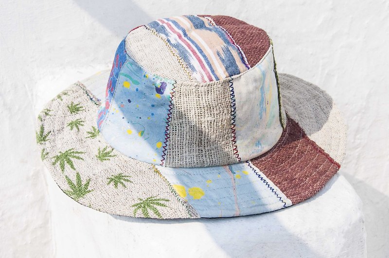 民族风拼接手织棉麻帽 编织帽 渔夫帽 遮阳帽 草帽-绿叶森林 - 帽子 - 棉．麻 多色
