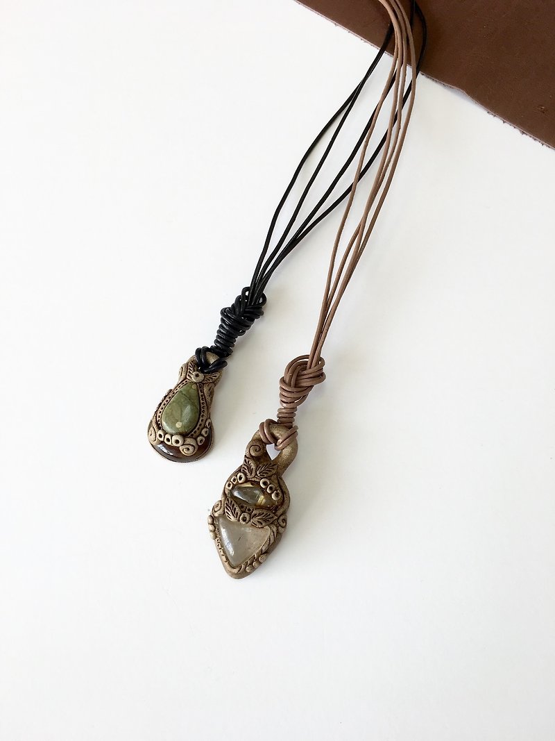 Gemstones and polymer clay leather necklace  - 项链 - 石头 多色