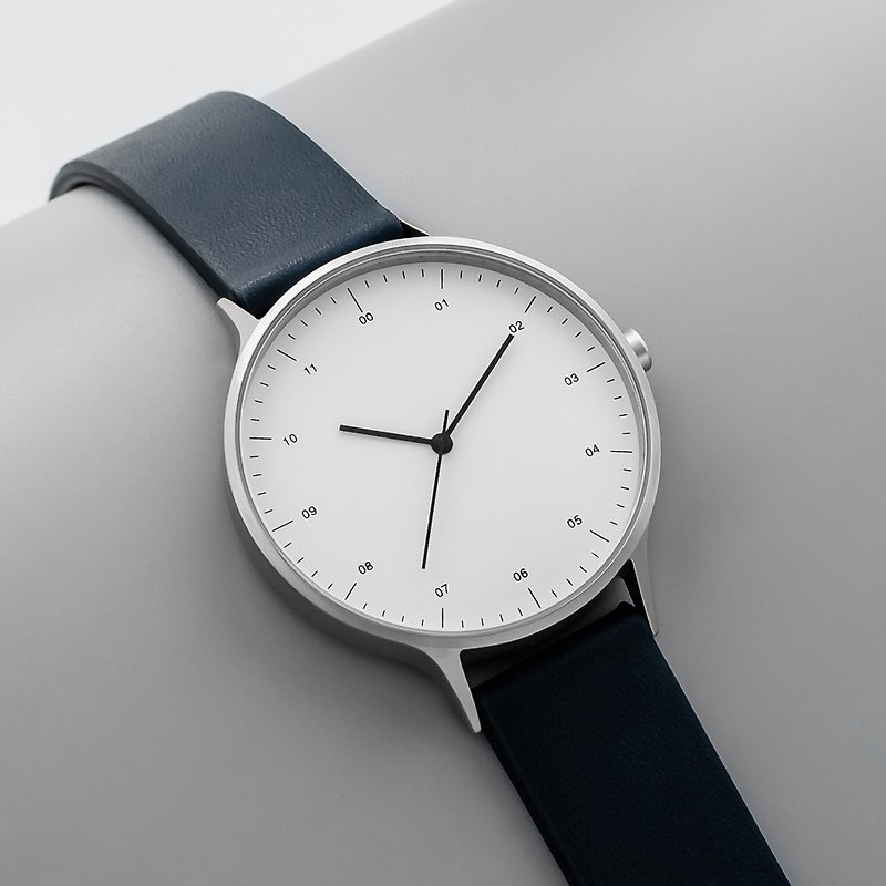 BIJOUONE彼树湾 B302系列 银色表壳 白色表盘 深蓝色真皮表带手表 - 男表/中性表 - 不锈钢 银色