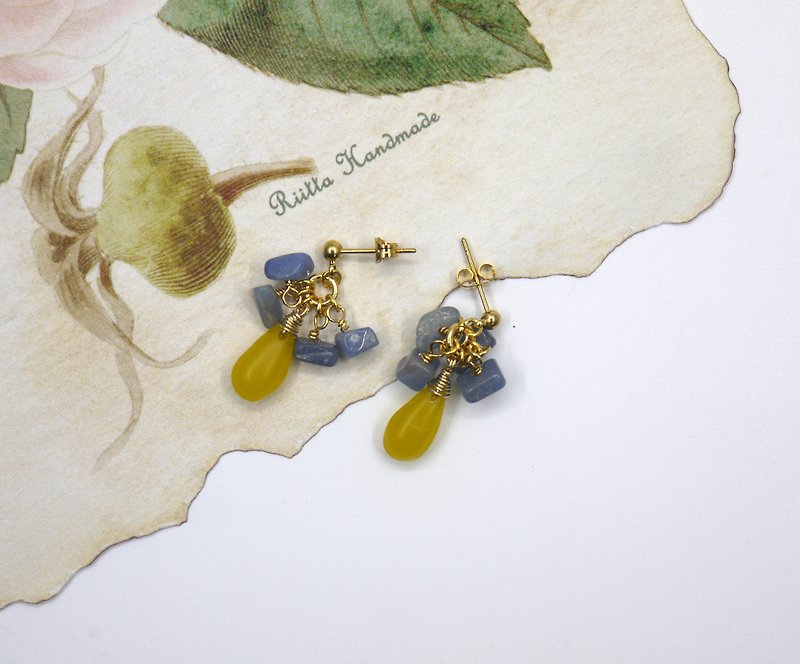 水滴琥珀 蓝色土耳其石 耳环 夹式 - 耳环/耳夹 - 宝石 黄色