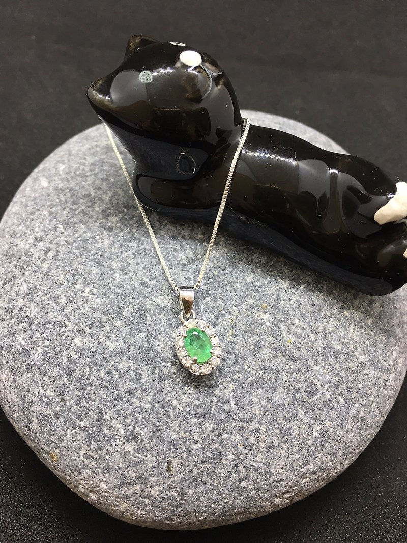 祖母绿 锆石镶嵌 吊饰 项链 印度制 925纯银 - 项链 - 宝石 绿色