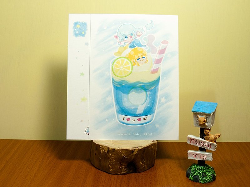 【限量明信片】美人鱼童话酸甜滋味的柠檬苏打 1套5入 - 卡片/明信片 - 纸 蓝色