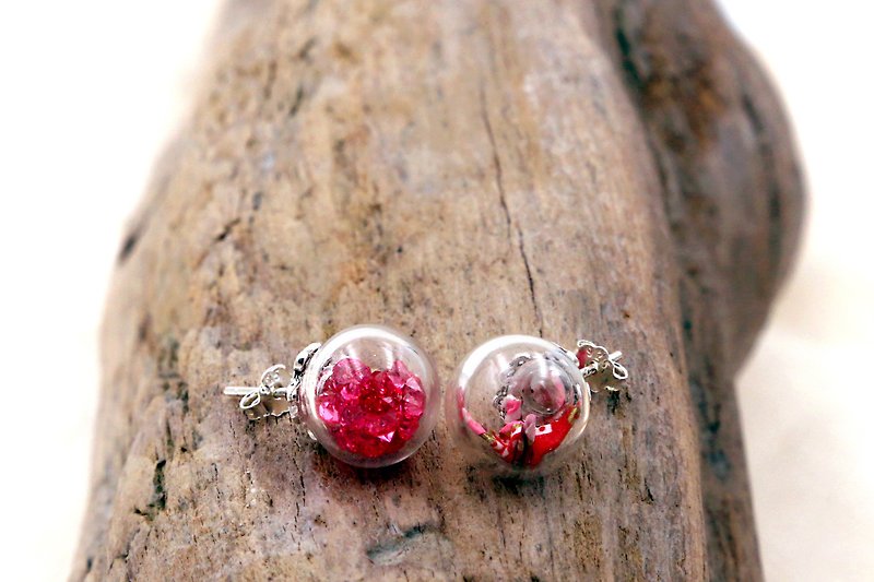 迷你纸鹤玻璃球耳环（红杏林园）- 圣诞礼物 - 耳环/耳夹 - 纸 粉红色