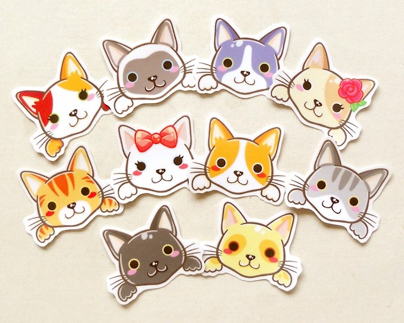 猫咪贴纸10入 - 防水贴纸 - 宠物贴纸 - 小猫贴纸 - Cat Sticker - 贴纸 - 纸 多色