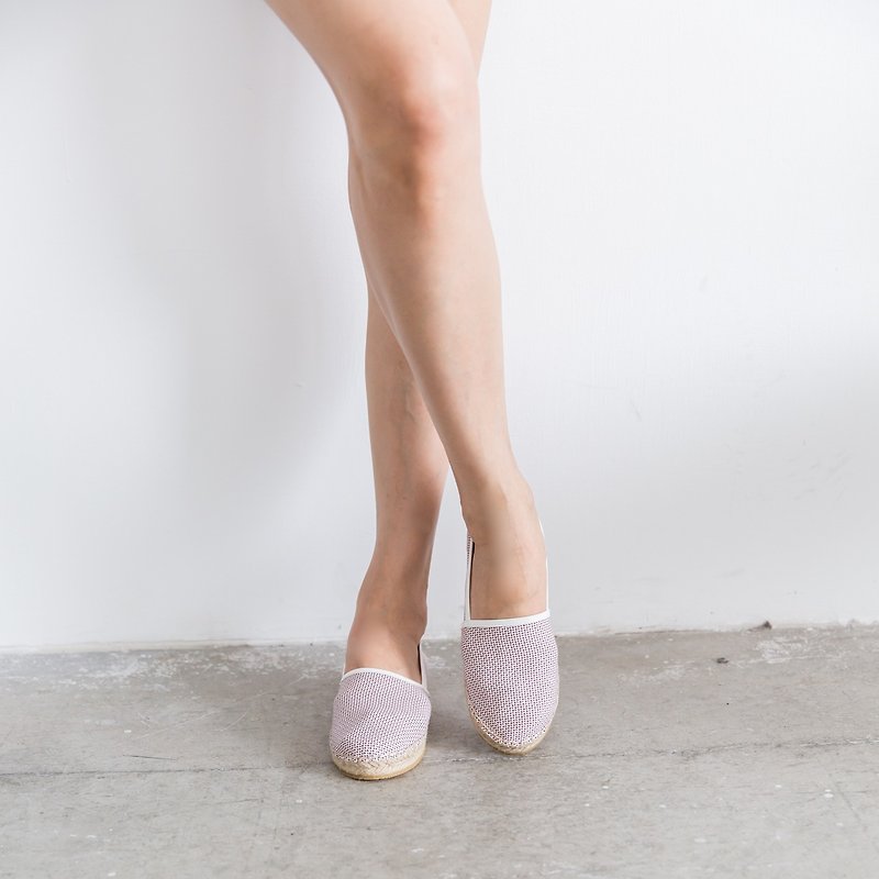 日本制布料左右脚不分草编鞋-千鸟格粉色 - 女款休闲鞋 - 棉．麻 粉红色