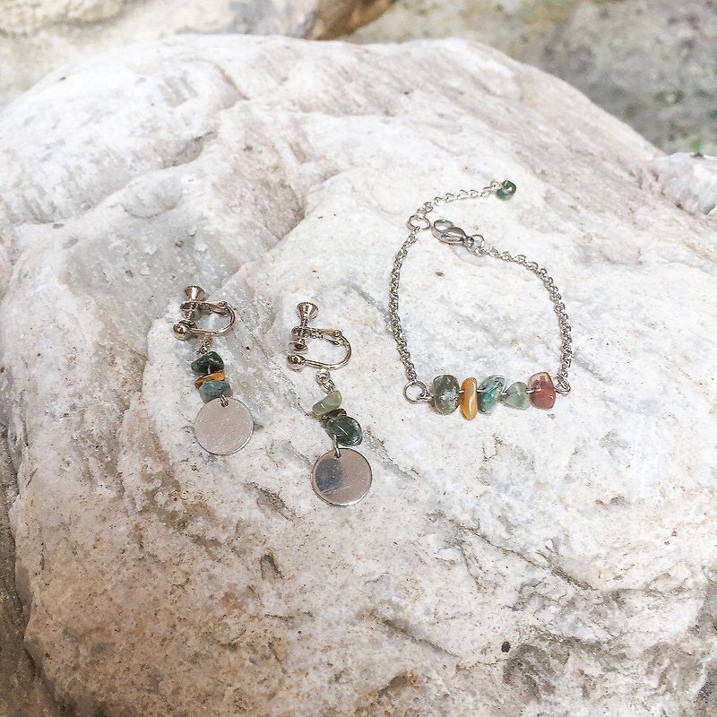 印度玛瑙天然矿石手链耳夹组 - 耳环/耳夹 - 石头 绿色