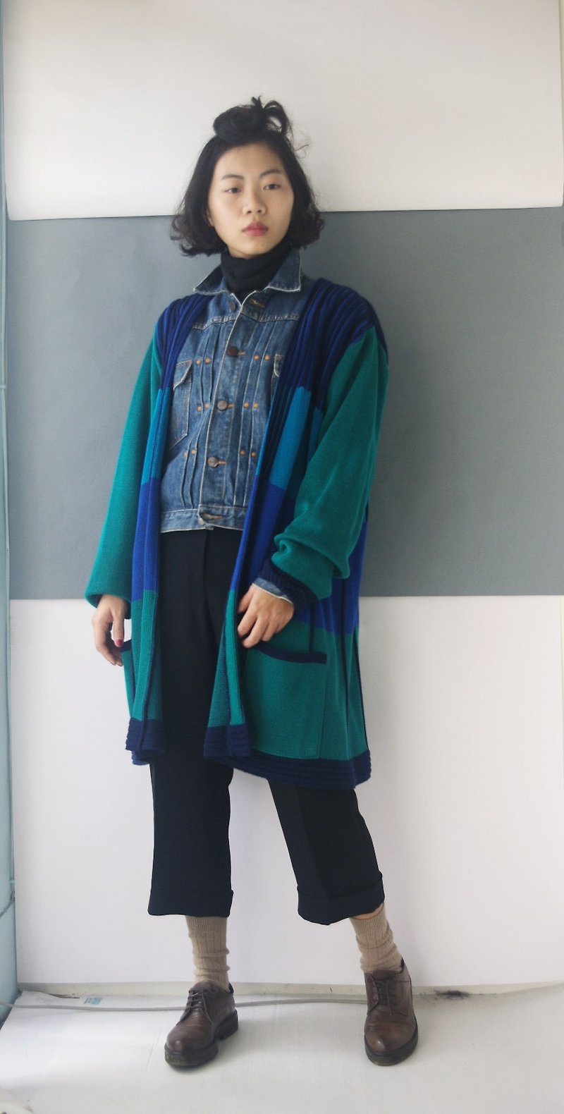 4.5studio-寻宝古着-瑞典制品牌KRISS蓝绿色块针织开襟外套 - 女装针织衫/毛衣 - 聚酯纤维 蓝色