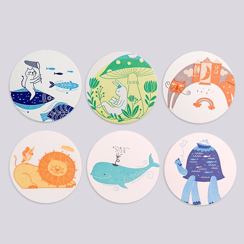Letterpress活版印刷卡通动物插画杯垫，猫、河马、鲸鱼、兔子等，6个装 - 杯垫 - 纸 