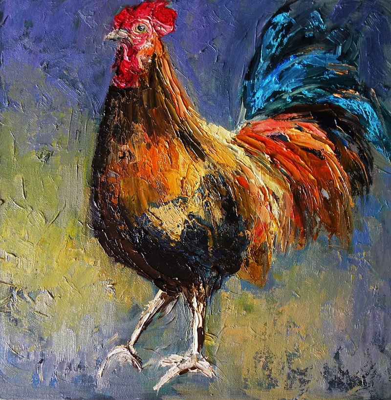 Rooster Painting Oil Chicken Original Art Animal Artwork Canvas Art Impasto - 海报/装饰画/版画 - 颜料 多色