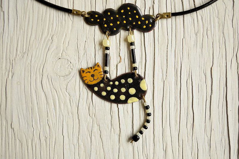 Spotty Cat, Enamel Necklace, Spotted Cat, Bengal Cat, Star, Night Sky, Black Cat - 项链 - 珐琅 黑色
