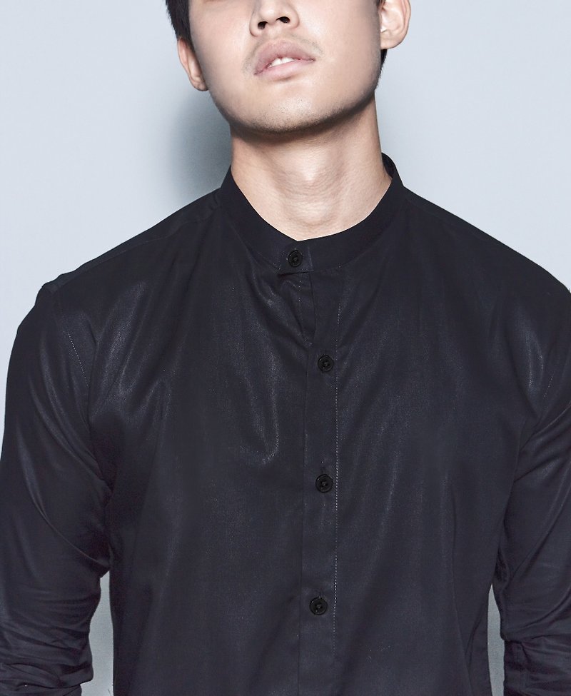 Black mao collar shirt - 男装衬衫 - 棉．麻 黑色
