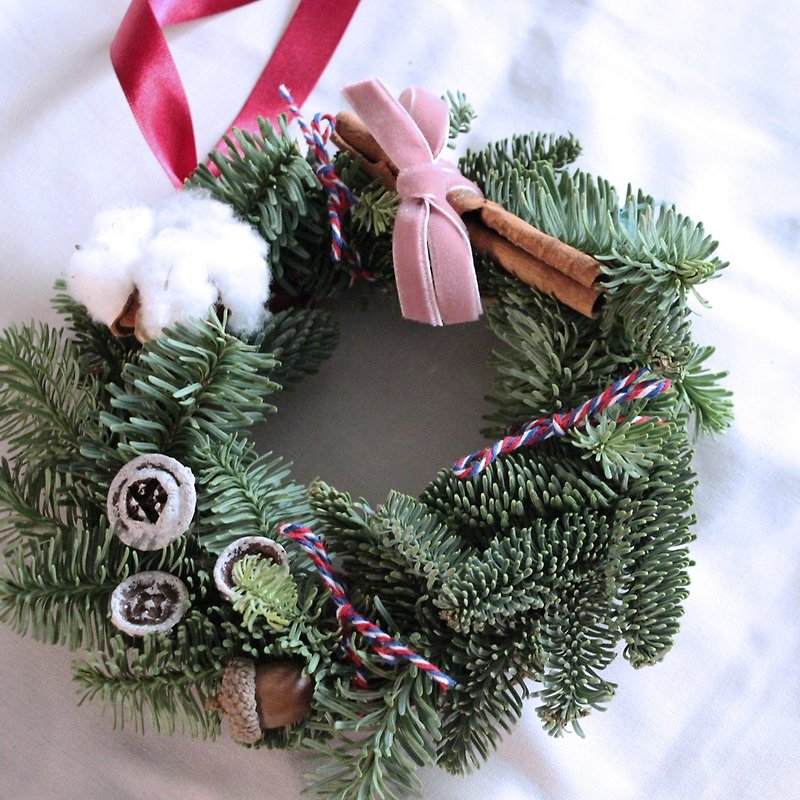 诺贝松圣诞花圈-粉色质感绒布缎带(15-20cm)圣诞礼物 季节限定 - 干燥花/捧花 - 植物．花 绿色