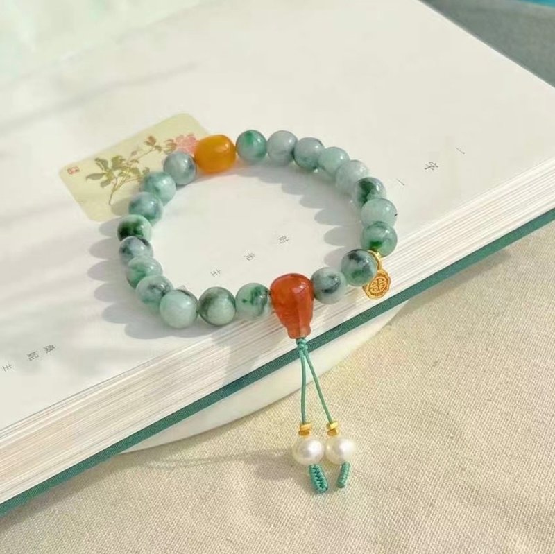 天然A货缅甸玉 糯种飘花阳绿翡翠 纯银镶嵌瓜料翡翠 设计手串hs - 项链 - 玉石 绿色