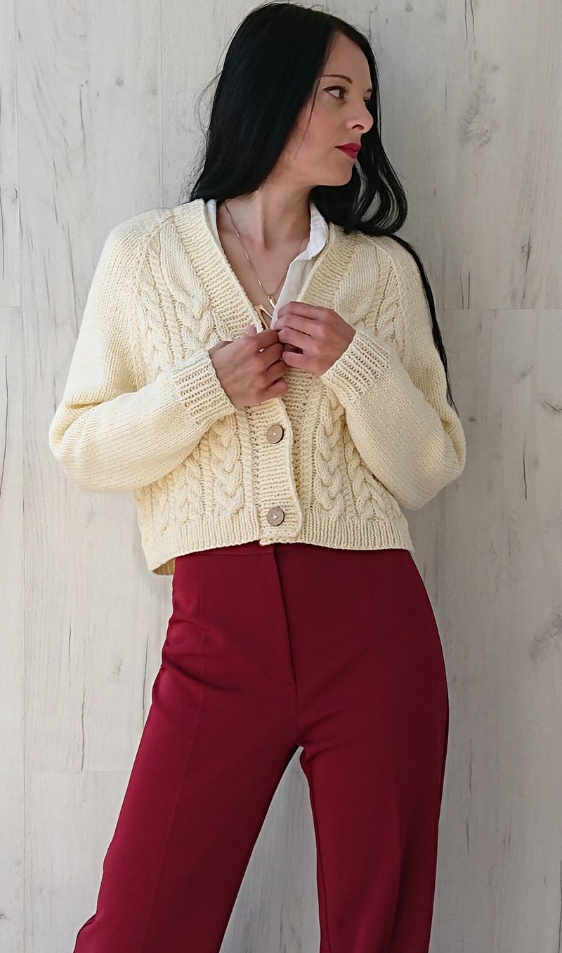 White sweater jacket Button long sleeve top Twist sweater Wool sweater coat - 女装针织衫/毛衣 - 羊毛 