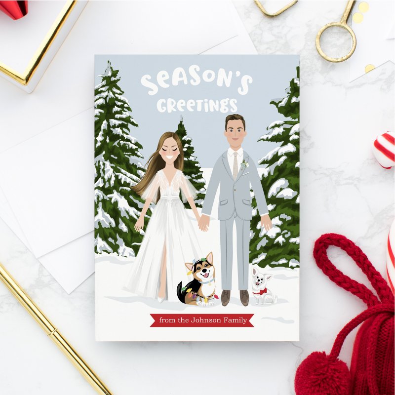 Custom cartoon Christmas card with bride and groom. Printable portrait card. - 电子喜帖/贺卡/邀请函 - 其他材质 