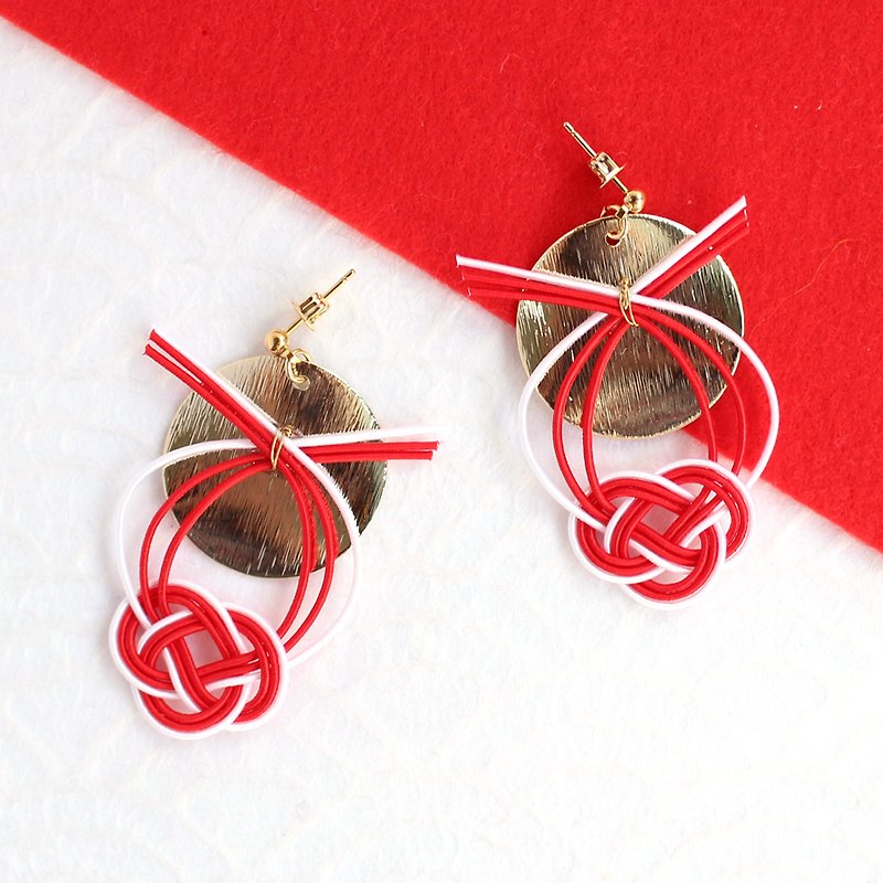 japanese style pierce earring / mizuhiki / japan / accessory / sun / red / gold - 耳环/耳夹 - 丝．绢 红色
