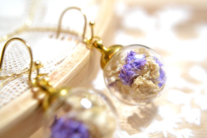 干花。紫花 押花压花保鲜花 玻璃球 18k耳环 耳夹 【半熟少女】 - 耳环/耳夹 - 植物．花 紫色