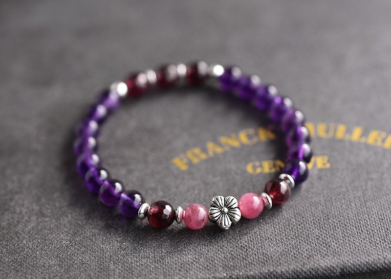 切面石榴石+碧玺+紫水晶纯银花朵手链 - 手链/手环 - 水晶 紫色