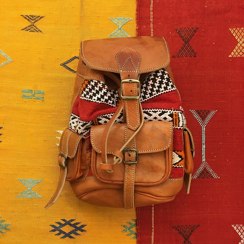 摩洛哥 手工平织地毯 焦糖色小羊皮 后背包 民族风 配件 - 后背包/双肩包 - 真皮 咖啡色