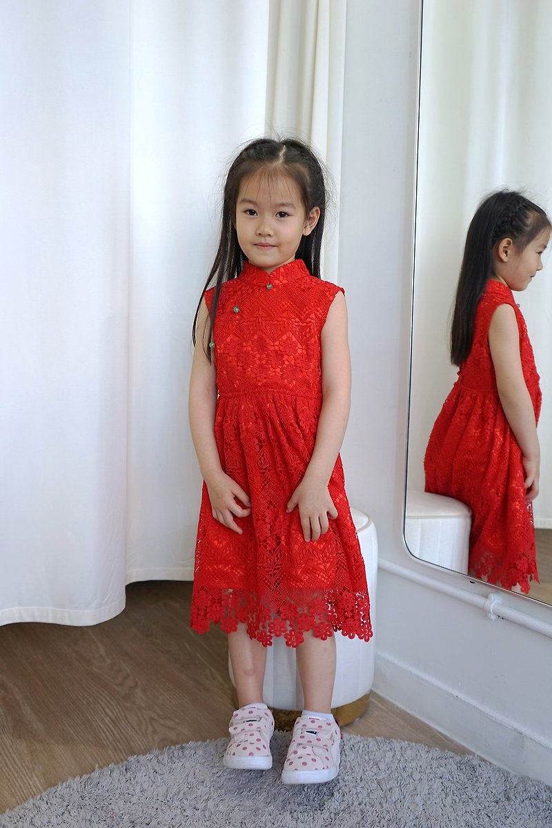 小女孩蕾丝露背旗袍裙 (红色) - 童装礼服/连衣裙 - 棉．麻 红色