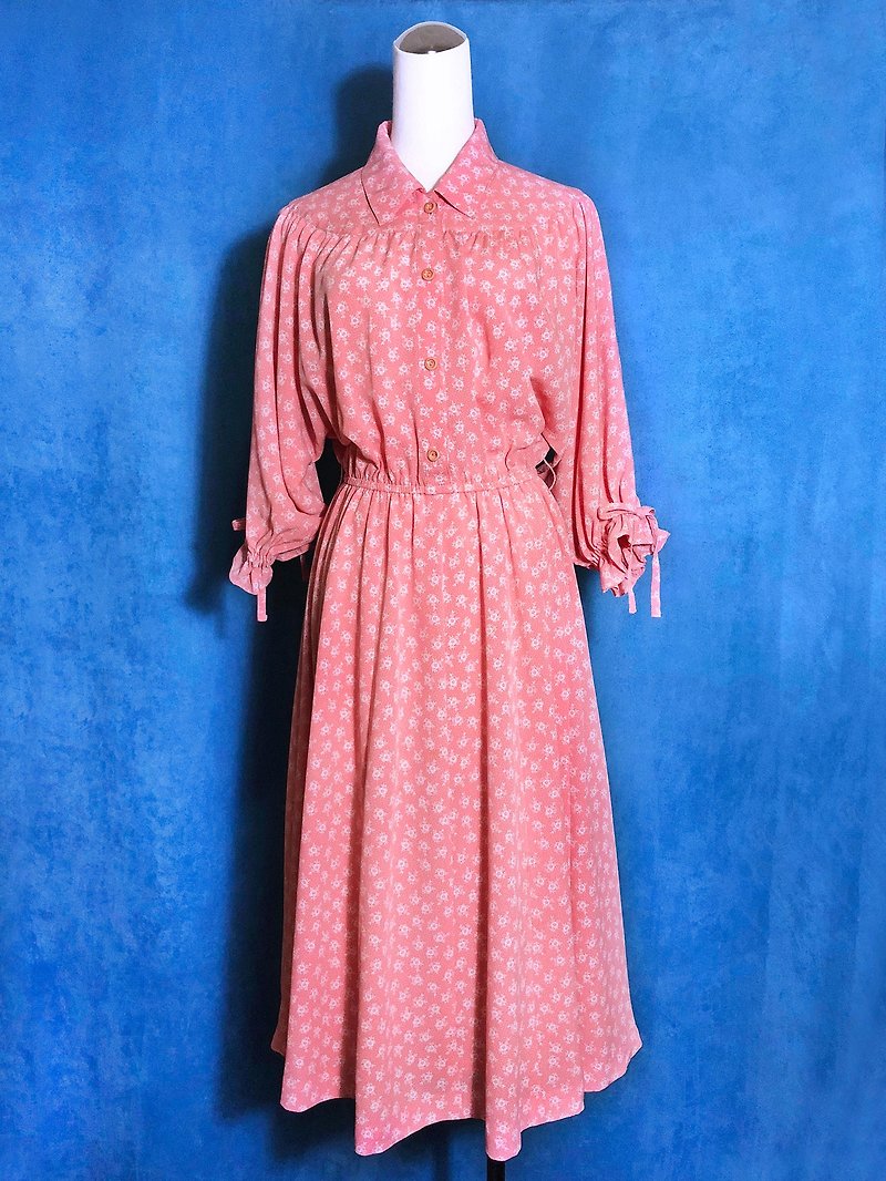 蜜桃粉橘花朵造型袖古着洋装/ 国外带回 VINTAGE - 洋装/连衣裙 - 聚酯纤维 粉红色