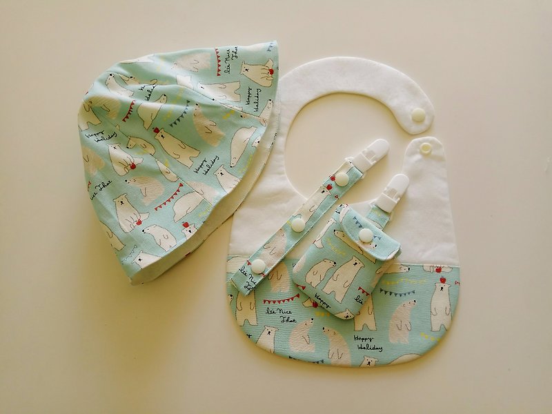 湖水绿 北极熊弥月礼物 婴儿帽+围兜+平安符袋+万用夹 - 满月礼盒 - 棉．麻 多色