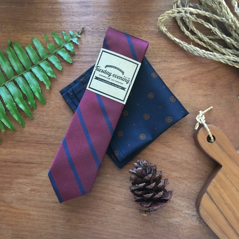 Christmas Tie Set - Red Blue Skinny Stripe - 领带/领带夹 - 棉．麻 红色