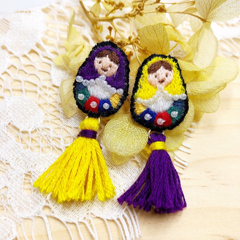 俄罗斯娃娃刺绣耳环(黄+紫) - 耳环/耳夹 - 绣线 多色