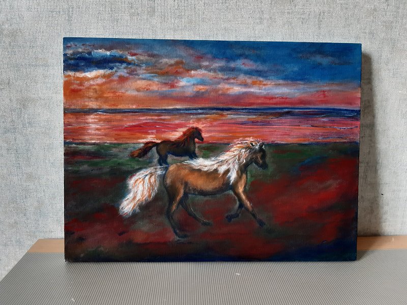 Acrylic painting, canvas, Two horses by the sea - 海报/装饰画/版画 - 棉．麻 红色