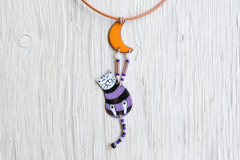 Purple cat, Cat necklace, Striped necklace, Cat jewelry, Cat and moon, Enamel, - 项链 - 珐琅 紫色