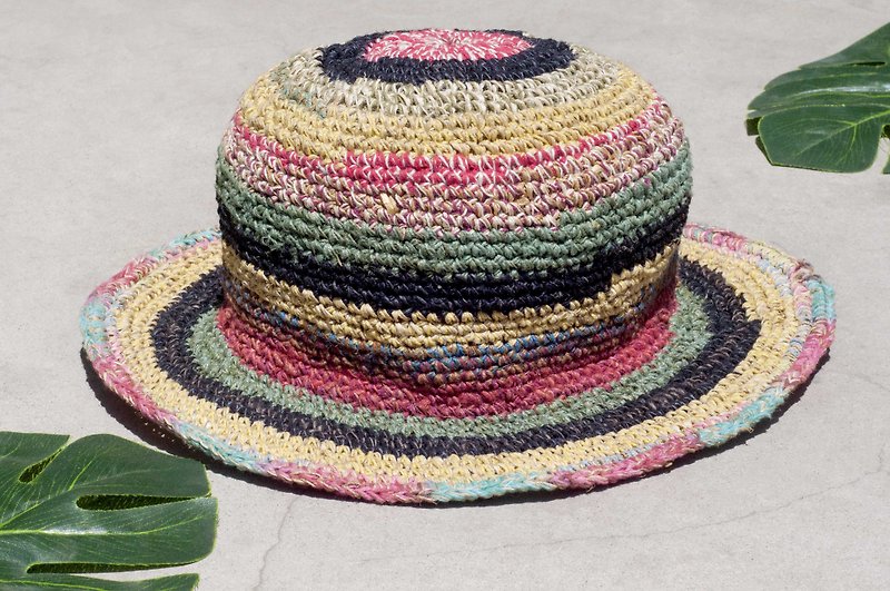 手工编织棉麻帽 编织帽 渔夫帽 遮阳帽 草帽-法式彩虹森林 条纹帽 - 帽子 - 棉．麻 多色
