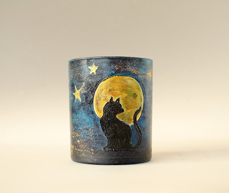 Cat Moon Candle Holder Glass Candleholder Pen Holder Moonlight Hand Painted - 灯具/灯饰 - 玻璃 蓝色