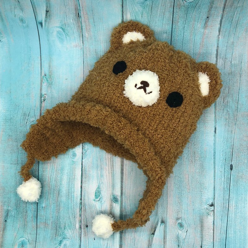 焦糖熊-遮耳帽款 宝宝毛线帽 弥月礼 周岁礼 (大人小孩尺寸皆有) - 婴儿帽/发带 - 聚酯纤维 咖啡色