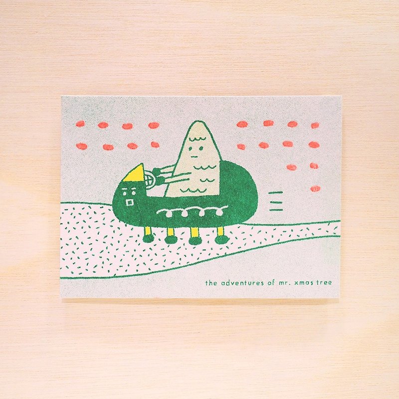 绿绿圣诞树先生开雪橇 / 圣诞卡 / 孔版印刷 - 卡片/明信片 - 纸 绿色