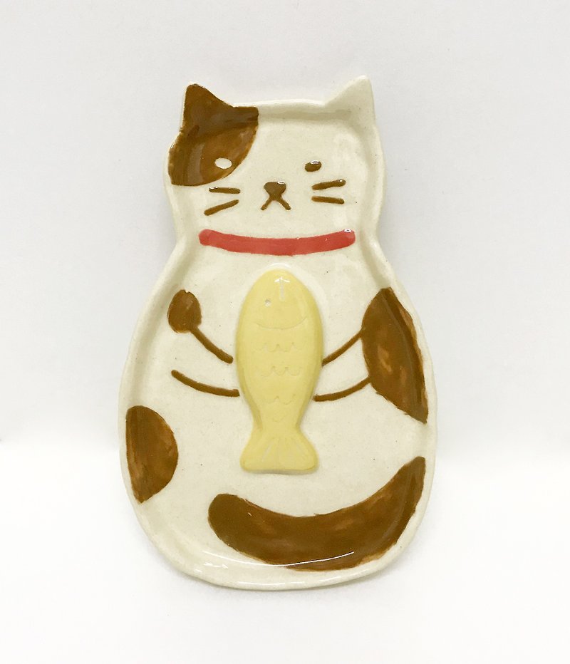 猫吃鱼小盘子 - 浅碟/小碟子 - 陶 咖啡色