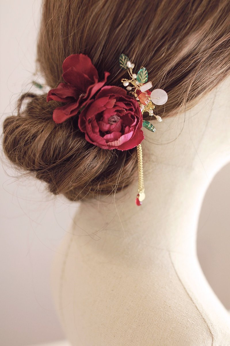 (绿叶粉晶)古典琉璃新娘头饰Bridal Headpiece,中式头饰,裙褂头饰 - 发饰 - 玻璃 红色
