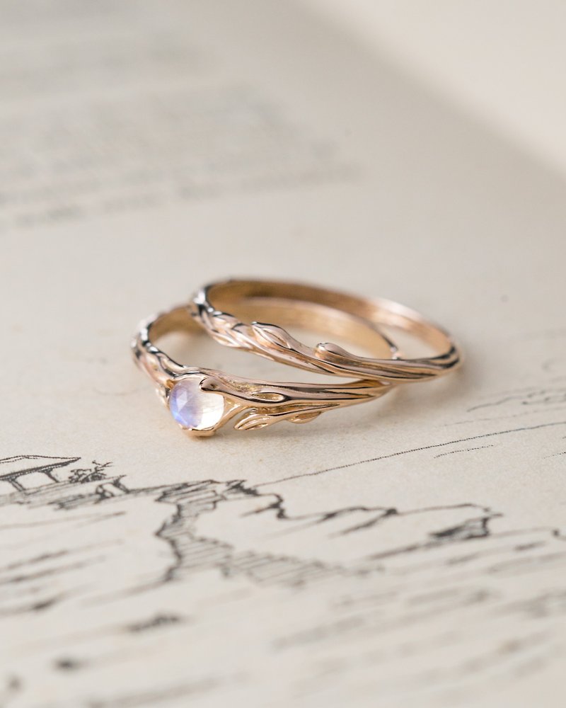 Moonstone gold ring set Lia + Juu | 14k rose gold engagement ring + wedding band - 戒指 - 玫瑰金 金色