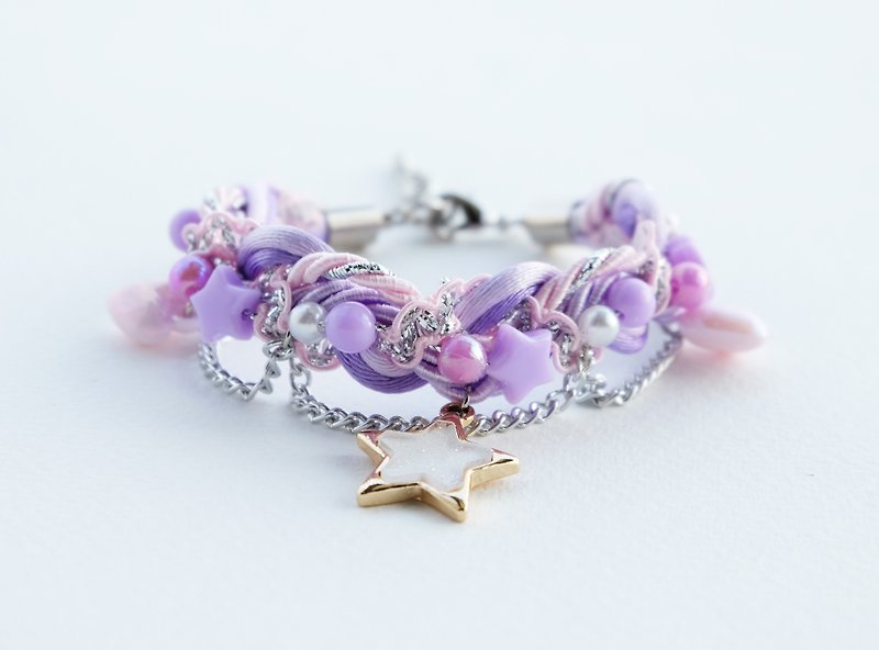 Lilac & pale pink braided bracelet with glittered white star and heart charm - 手链/手环 - 其他材质 紫色