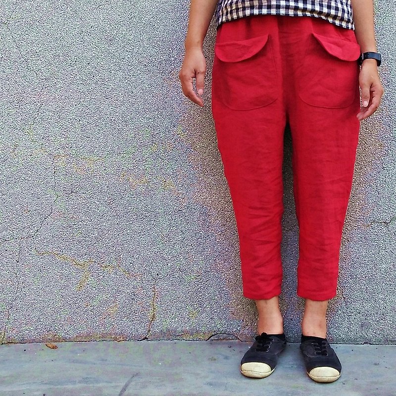前口袋窄管裤  秋冬  厚麻  红 - 女装长裤 - 棉．麻 红色