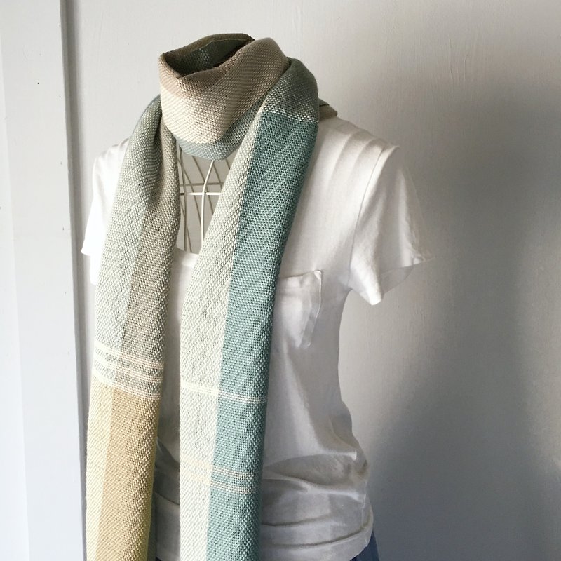 【ベビーアルパカ：秋冬】ユニセックス手織りマフラー " Green & White Mix" - 丝巾 - 羊毛 绿色