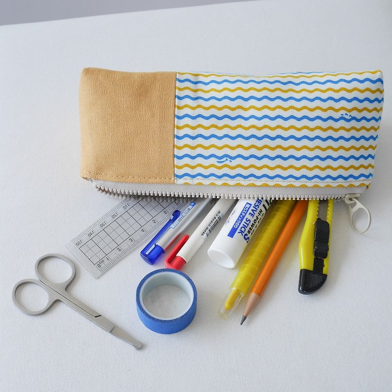 铅笔盒-黄蓝条蓝纹黄款 - 铅笔盒/笔袋 - 棉．麻 黄色