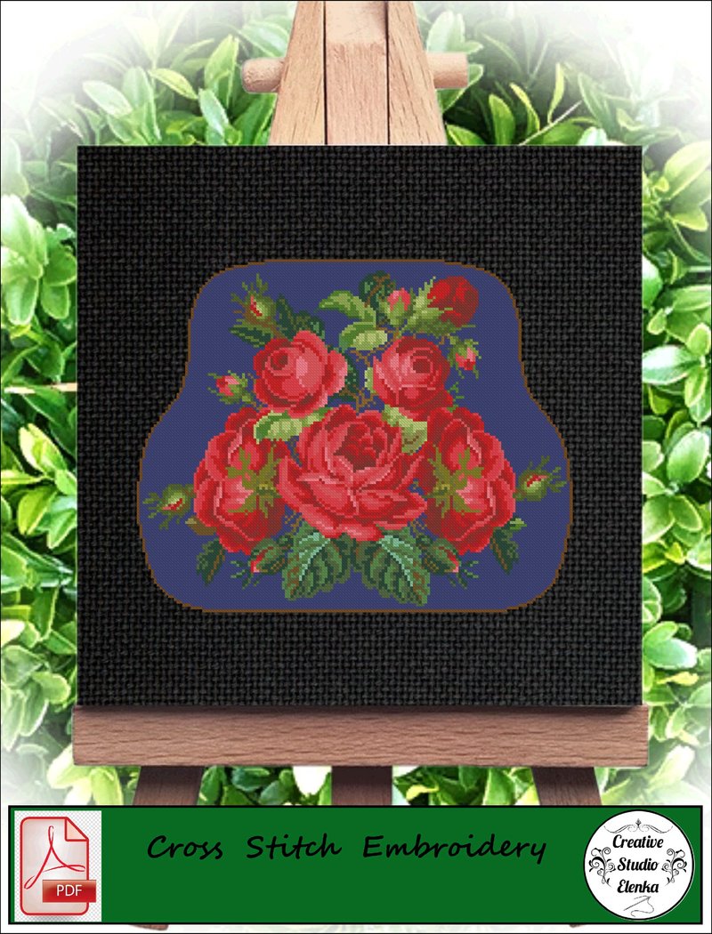 Vintage Cross Stitch Scheme Bag of red roses - PDF Embroidery Scheme - 编织/刺绣/羊毛毡/裁缝 - 其他材质 