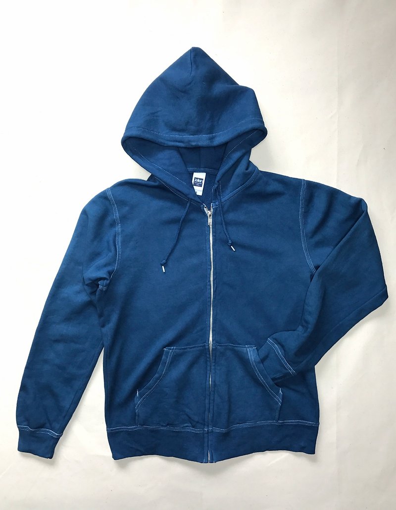 【受注製作】Indigo dyed 藍染 - deep blue mind hoodie - 中性连帽卫衣/T 恤 - 棉．麻 蓝色